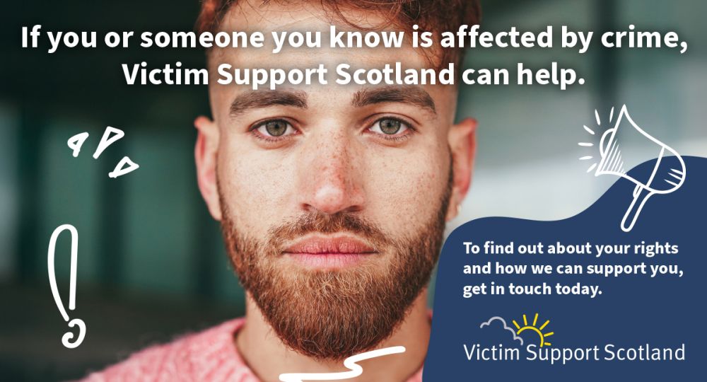 Promotional image for Victim Support Scotland with text about crime victim aid and contact info.