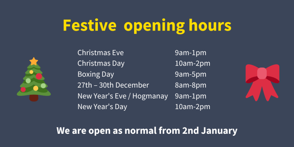 Graphic listing festive opening hours with Christmas tree and bow icons, and text on a blue background.