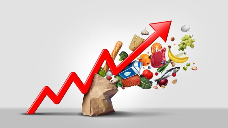 An upward red arrow breaking through a grocery bag, scattering assorted foods against a grey background.