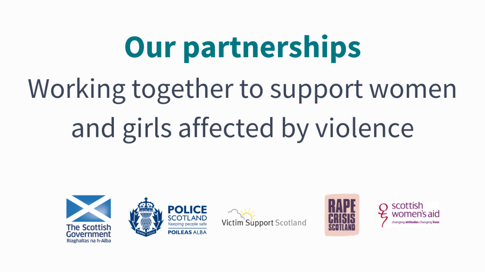 Image of text "Our partnerships" and logos of Scottish organizations supporting women and girls affected by violence.