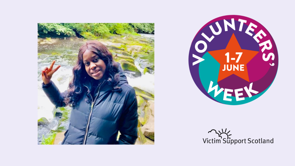 Person gesturing peace sign with a river background, and a "Volunteers' Week" logo on the right.